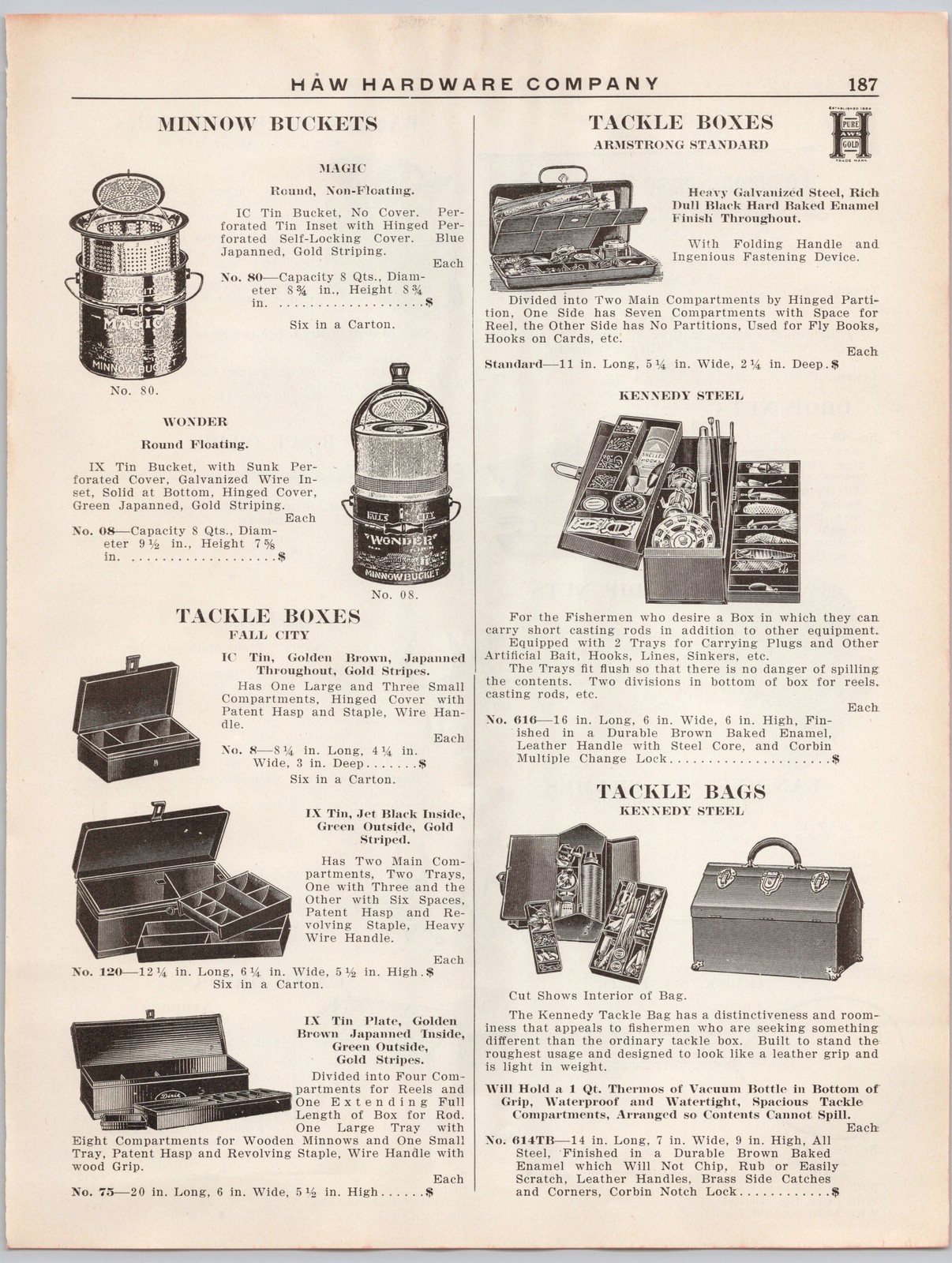 1920s Haw Hardware Co. Catalog Page Minnow Buckets Tackle Boxes Fishing Print Ad