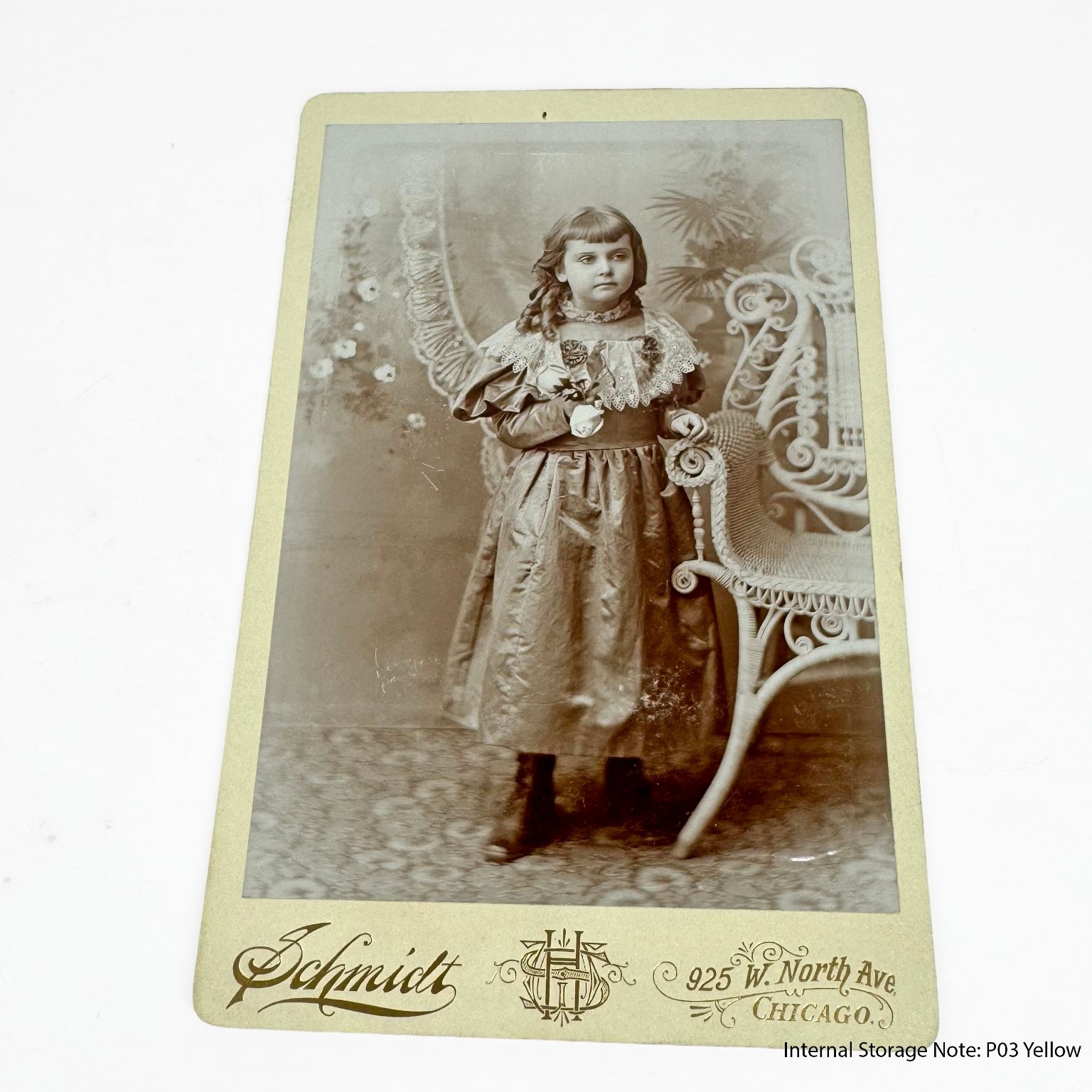 Antique 1880s Cabinet Card Photo Young Girl with Flowers Schmidt Chicago Kitch