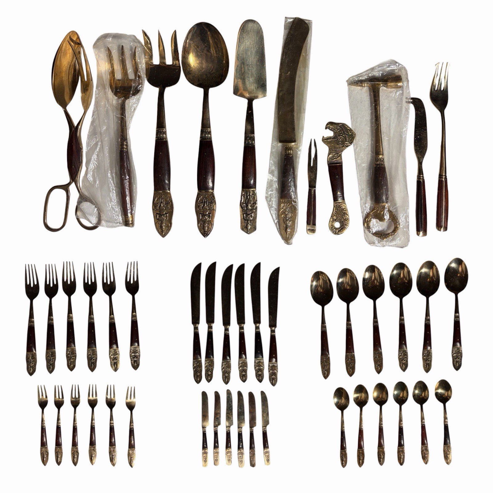 Vintage Thai Nickel Bronze & Rosewood Cutlery Service For 6 Utensils Flatware