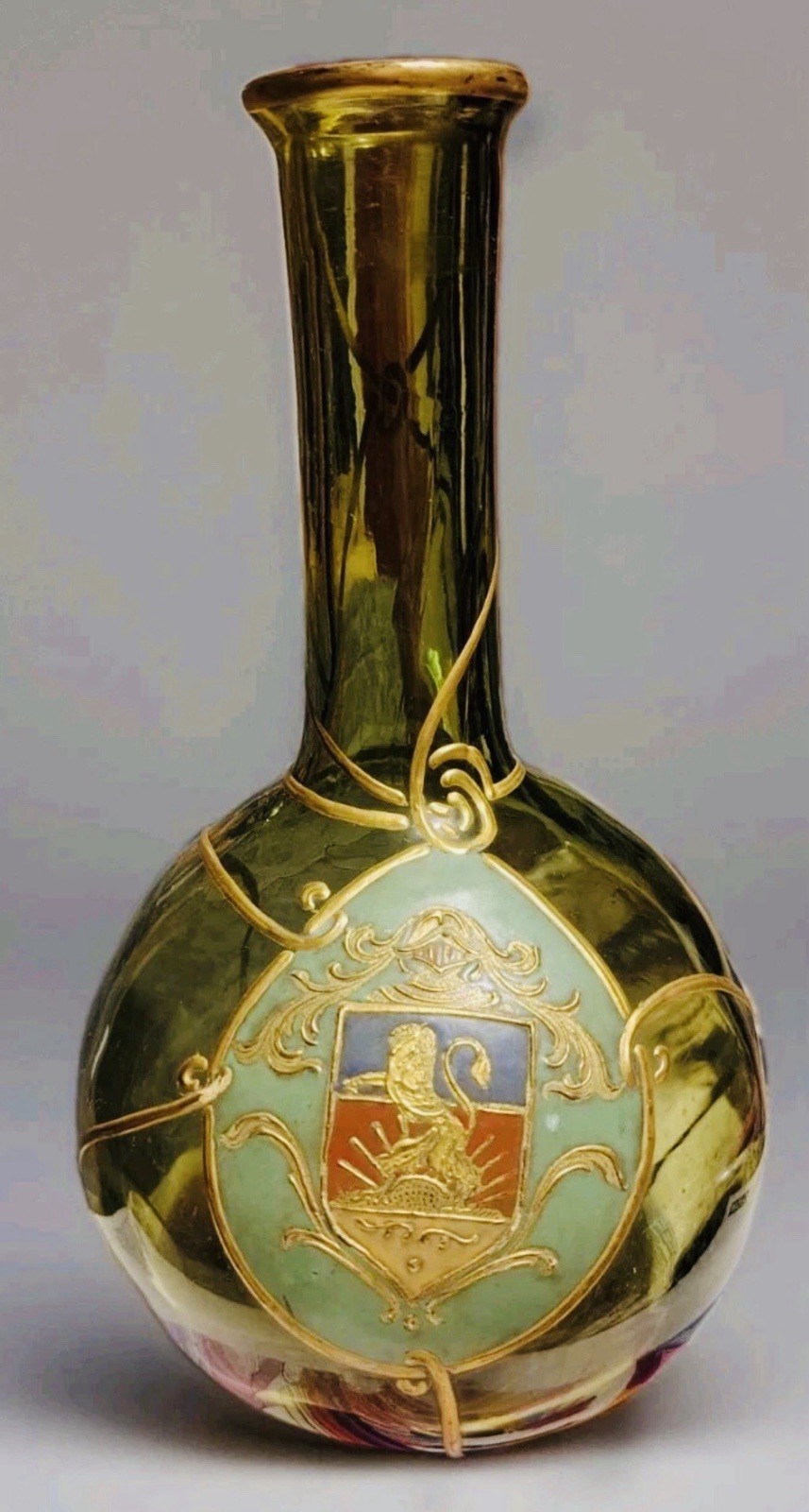 Early ca.1920 BOHEMIAN HARRACH Goldish Green ARMORIAL Enameled Gilded Glass Vase