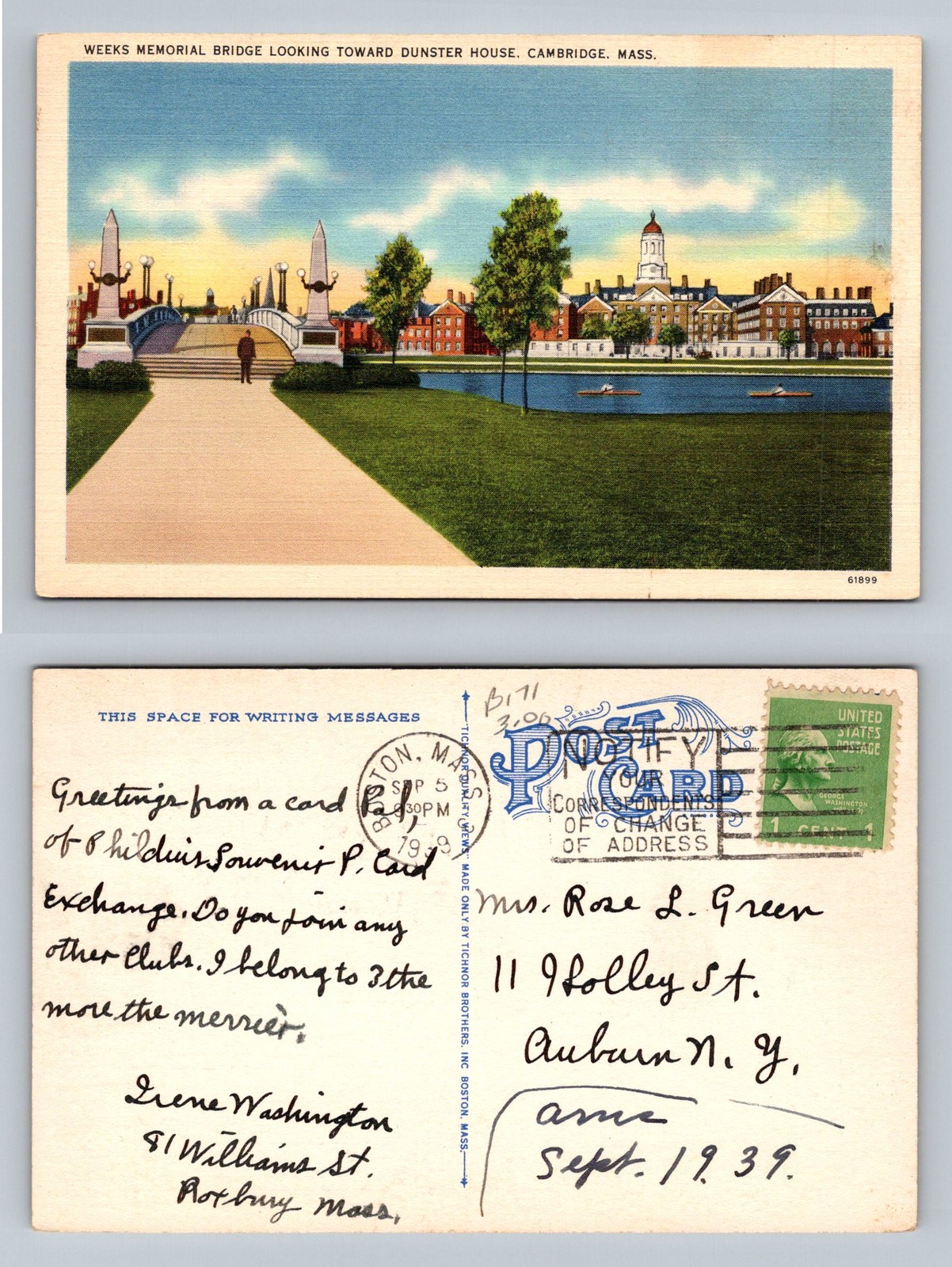 Cambridge, MA-Massachusetts, Weeks Memorial Bridge, Vintage c1939 Postcard