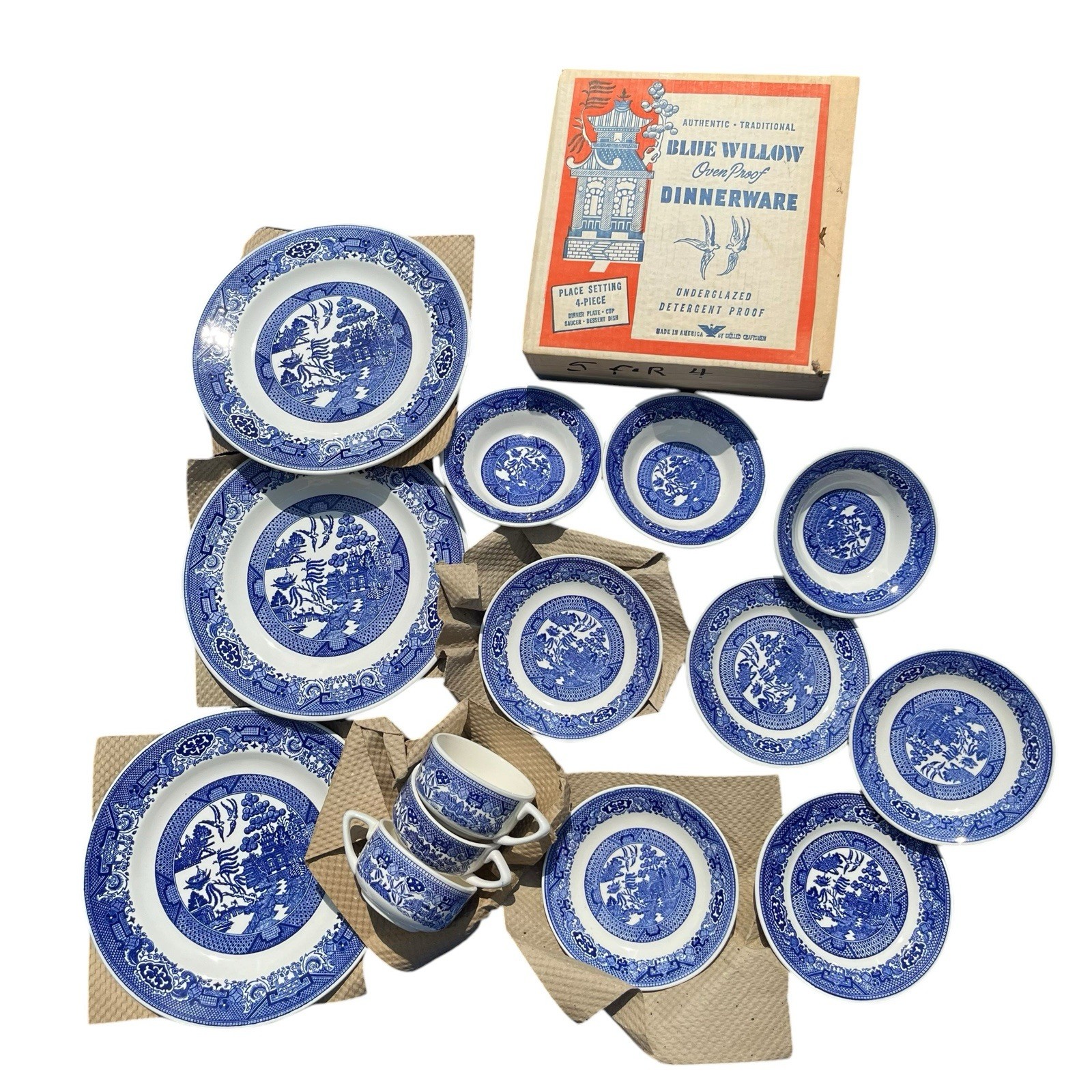 Vintage Blue Willow China 4pc Place Set Lot Of 4 Boxes (1 Sealed) + 2 Extras 50s