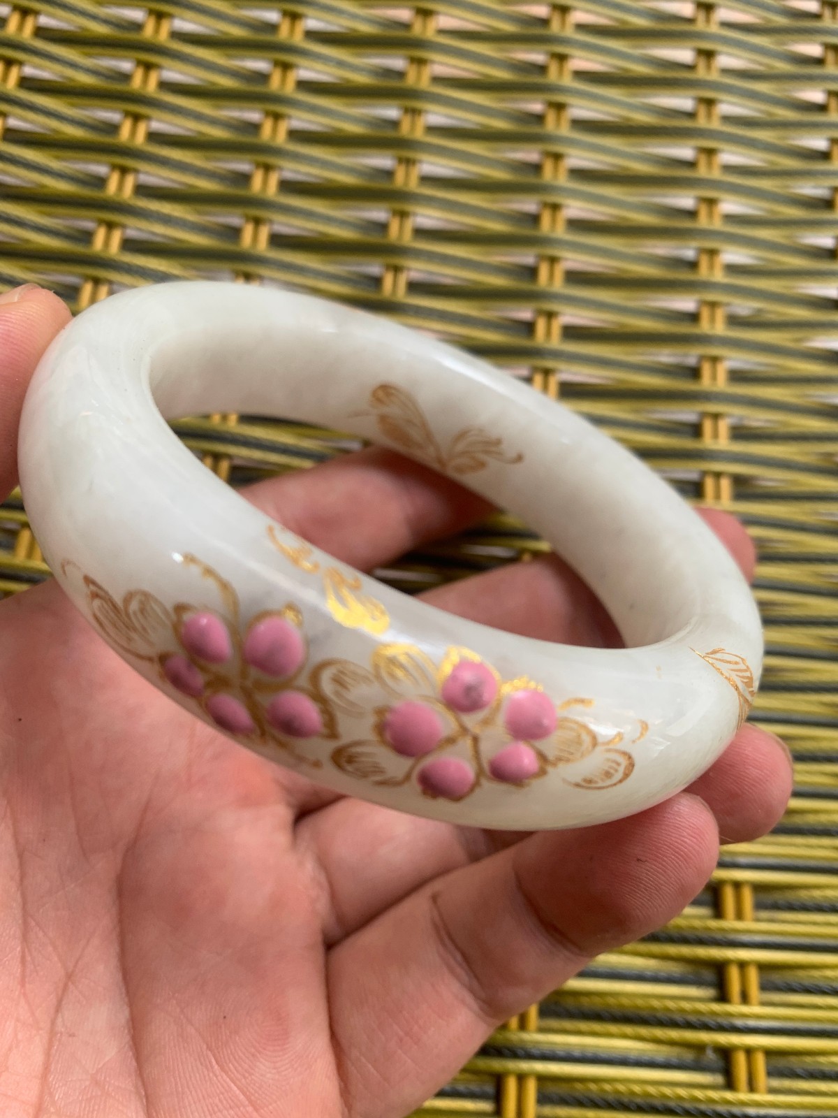 Rare Chinese White HeTian Jade Gilded painted Floral Bangle Bracelet 