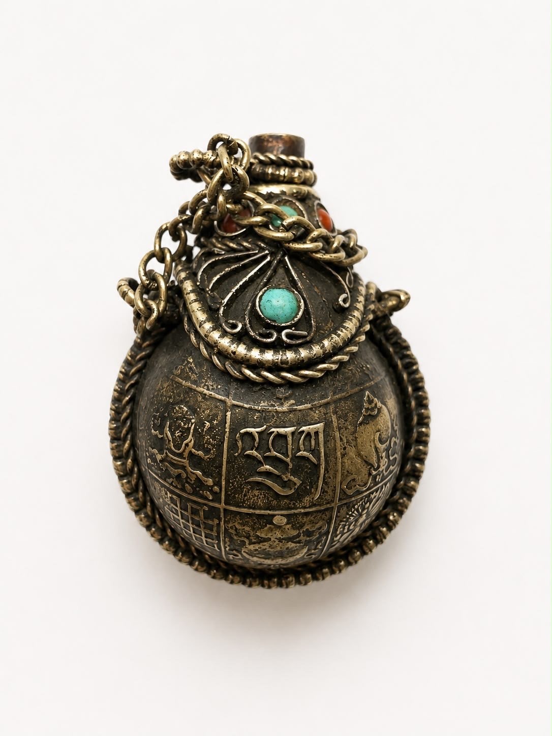 Antique Tibetan Silver Bottle Turquoise Coral Spoon 20th C Museum Quality