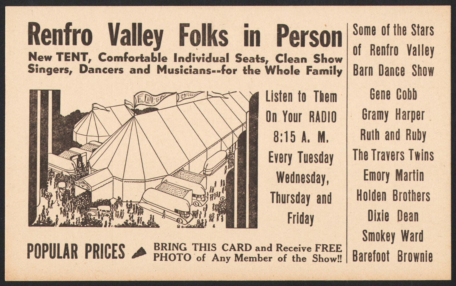 Vintage mailing card RENFRO VALLEY FOLKS Radio Stars cream Kentucky unused nrmt+