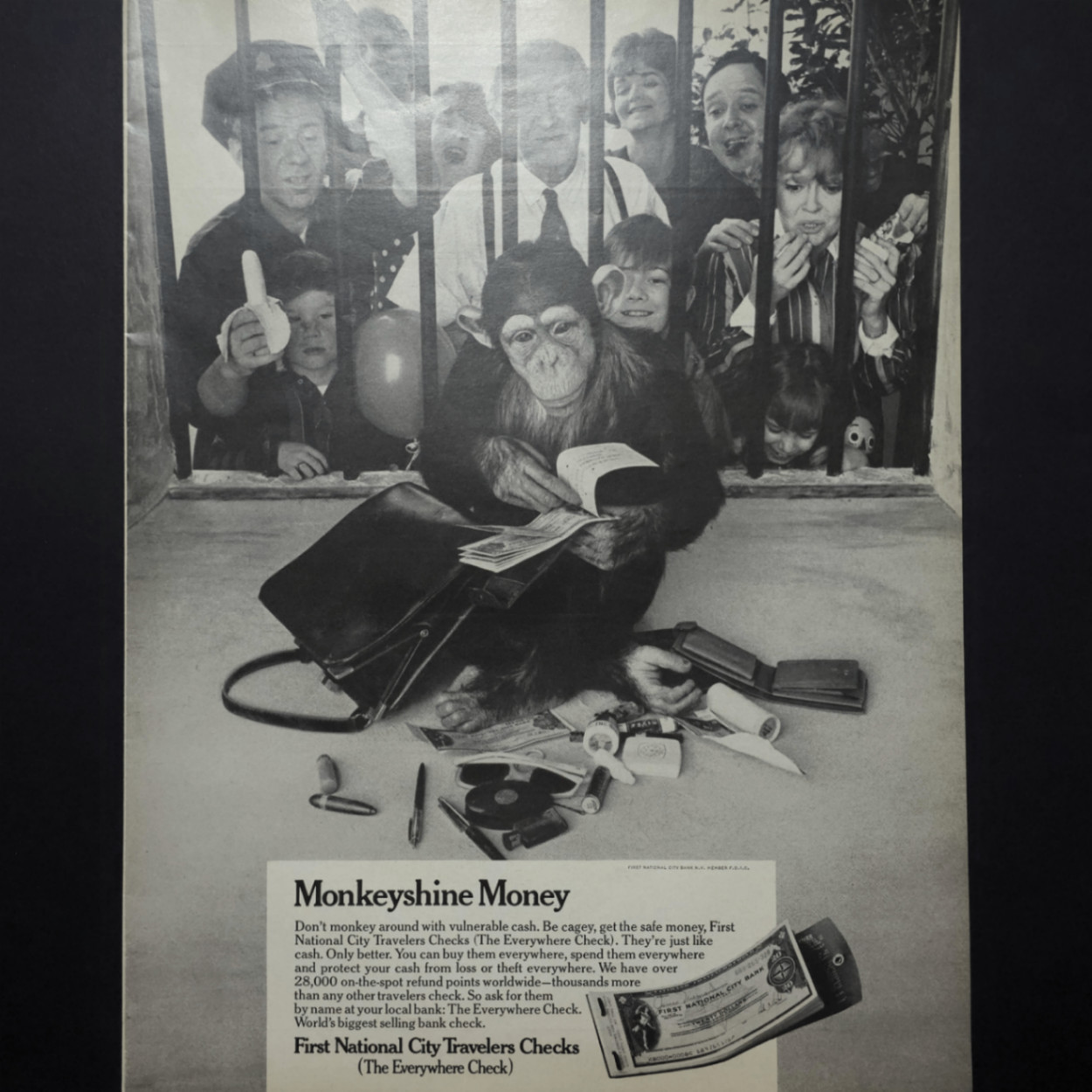 First National City Travelers Checks Monkeyshine Money Chimpanzee 1969 Print Ad