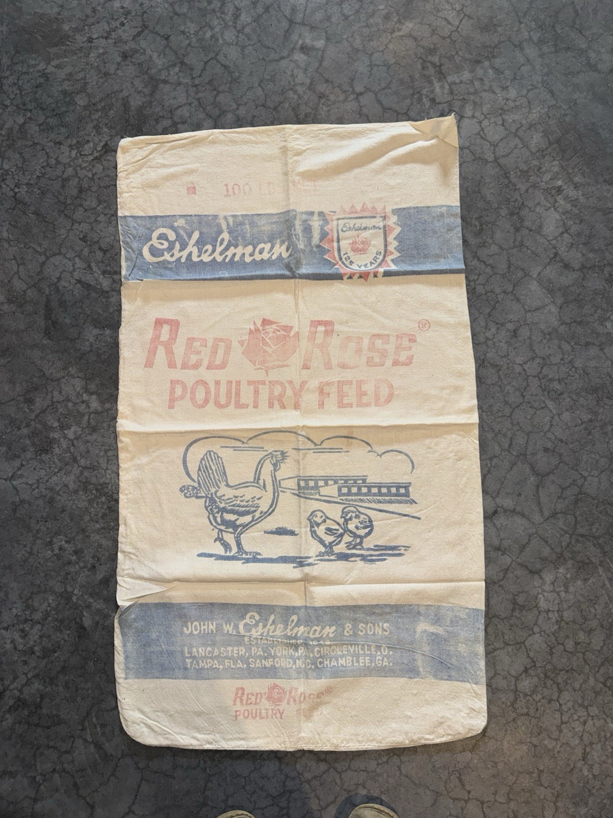 Vintage Eshelman Red Rose Chicken Hen Crumbled Poultry Feed 100 lb Feed Sack Bag