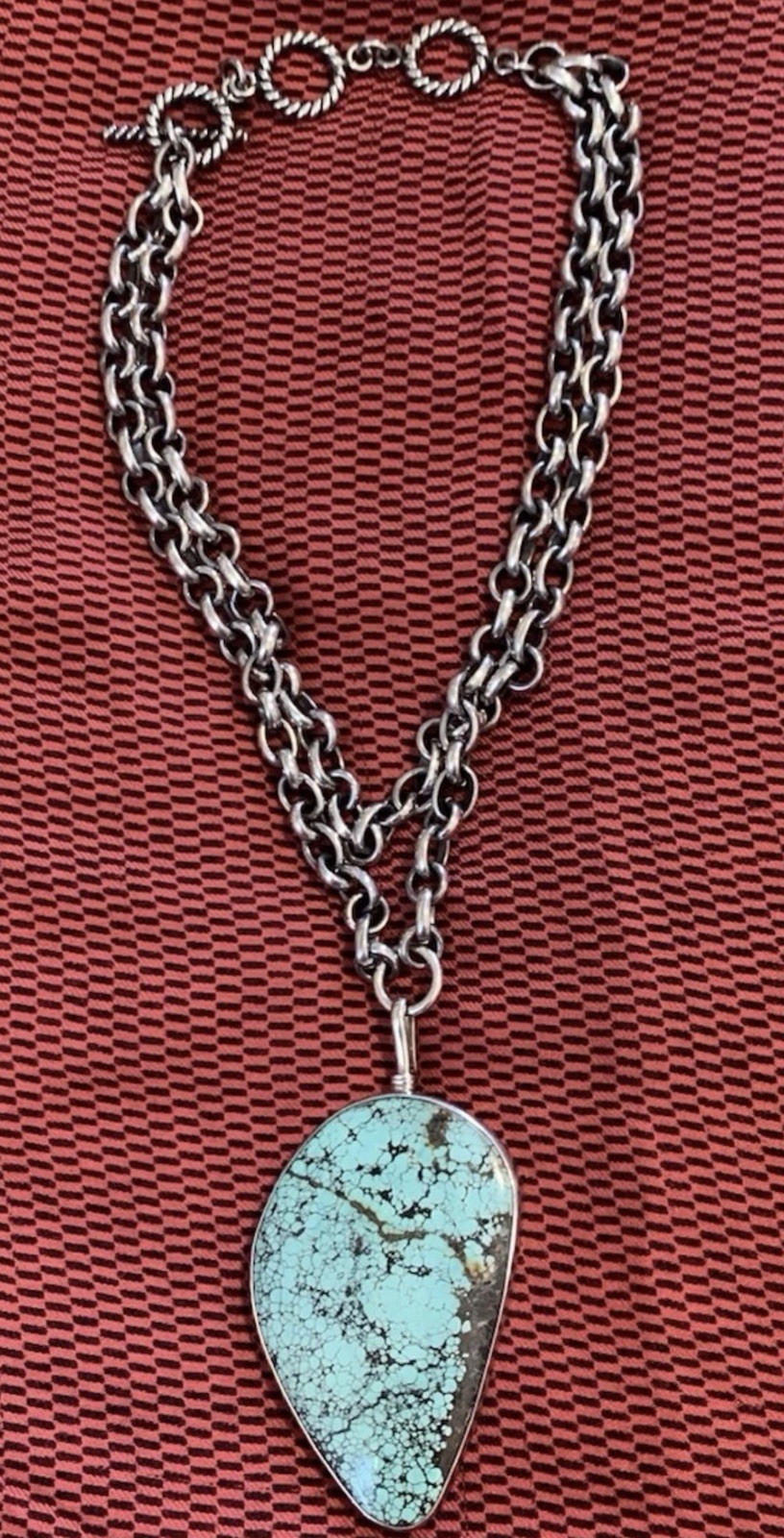 Heavy & Long Silver Necklace w/ Large Removable Turquoise Pendant Que Milagro