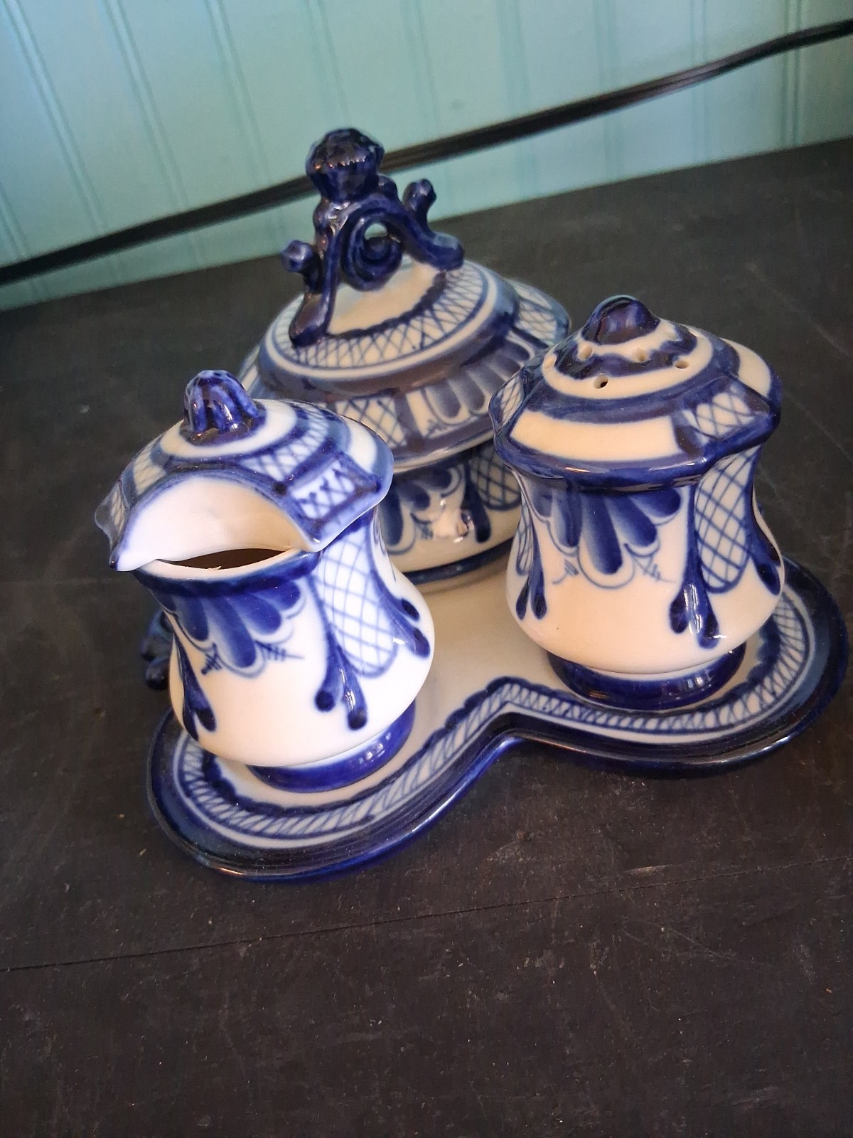 Gzhel Vintage Russian Porcelain Table Set Salt Pepper & Mustard with Tray Gzhel Vintage Russian Porcelain Table Set Salt Pepper & Mustard with Tray