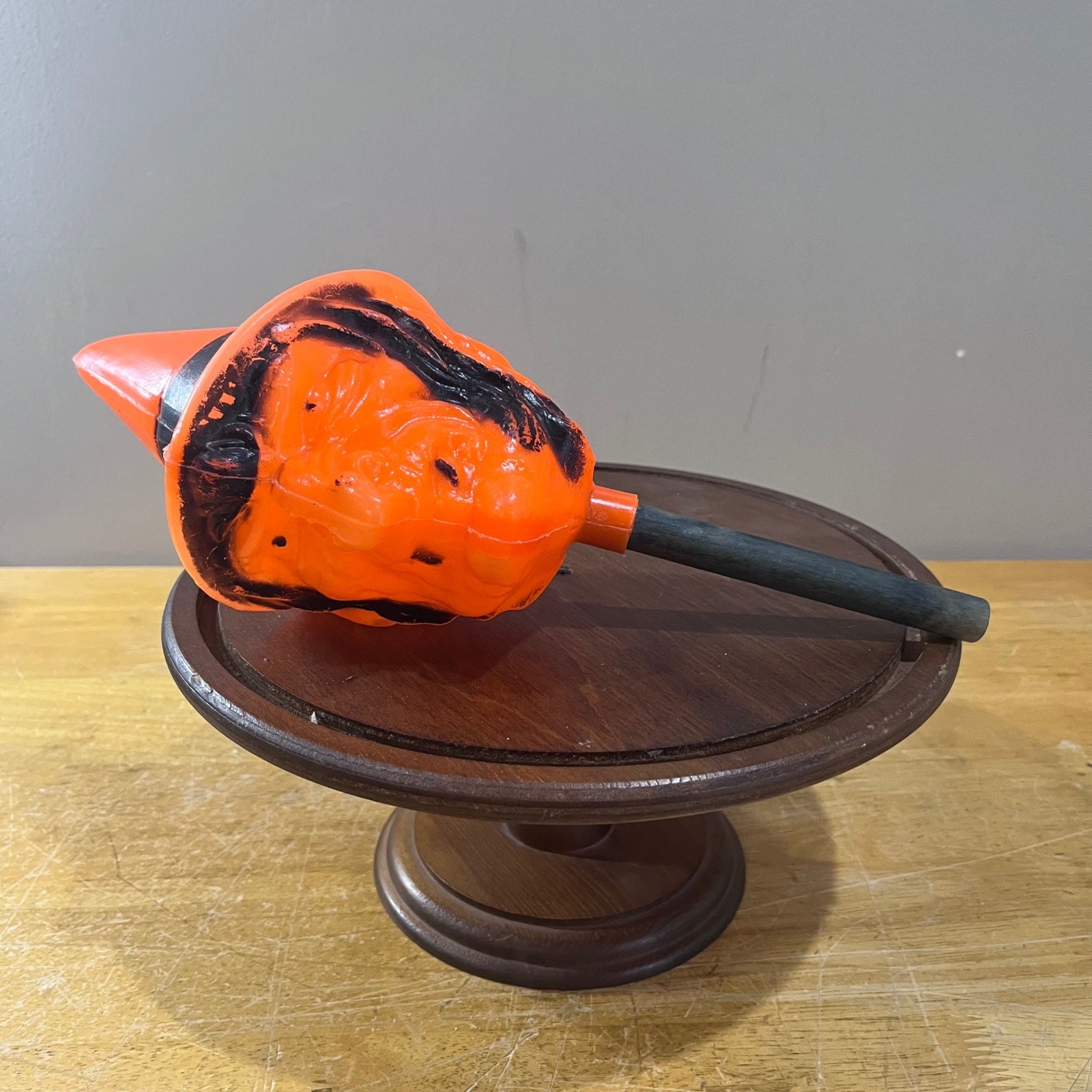 Vtg Bayshore Blow Mold Witch Head Shaker Halloween Orange Noise Maker MCM