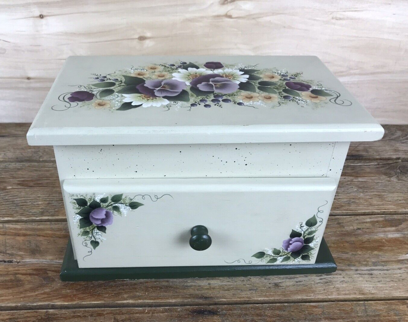 Vintage Hand Painted Jewelry Box Green Purple Violets Flowers Floral