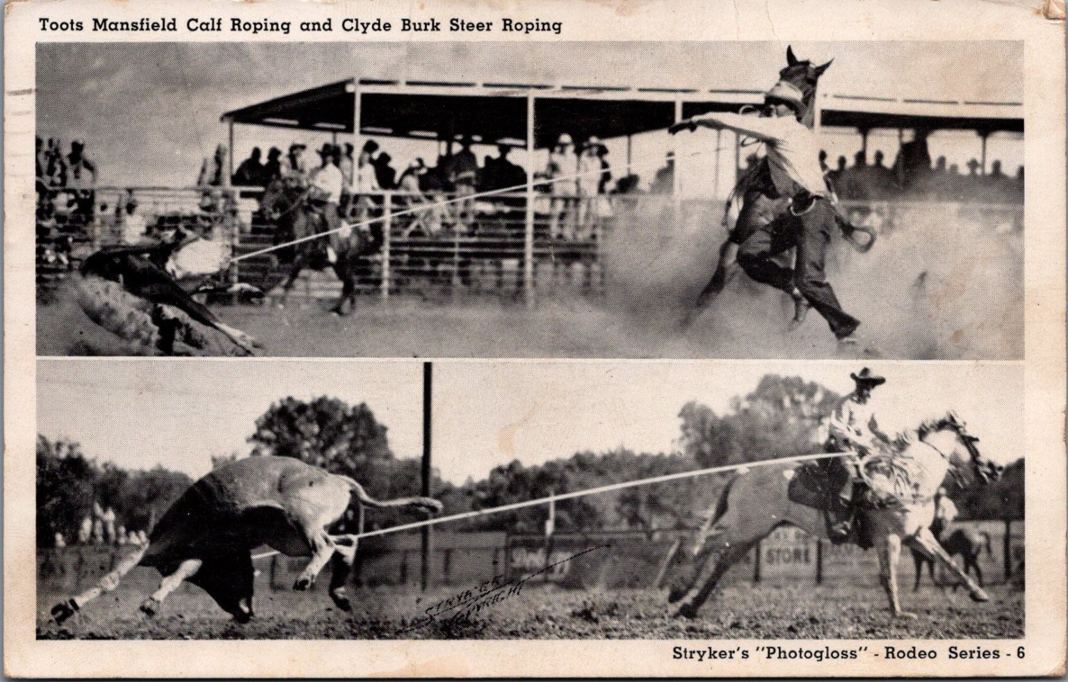 1944 Camp Hood TX Rodeo Toots Mansfield Clyde Burk Steer Roping Postcard