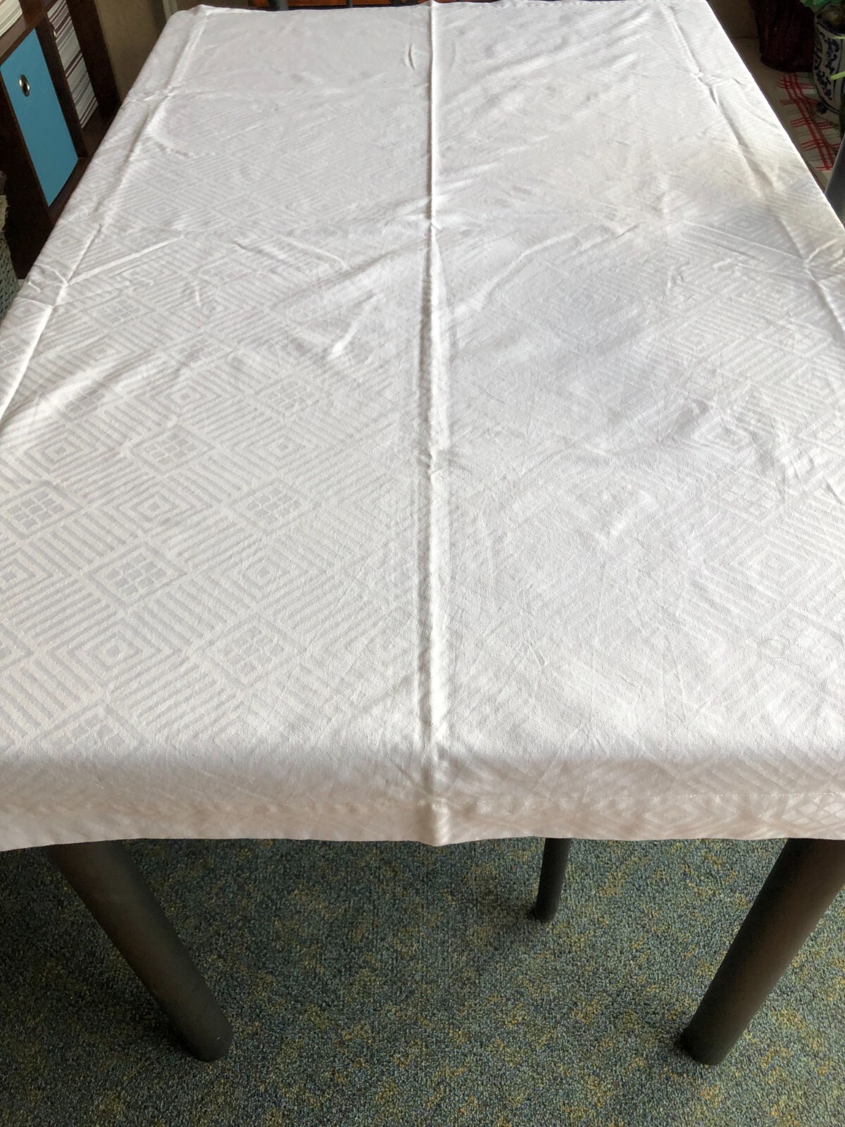 Tablecloth, Geometric Pattern, Heavy Cotton, White, Washable, 106 x 50.5