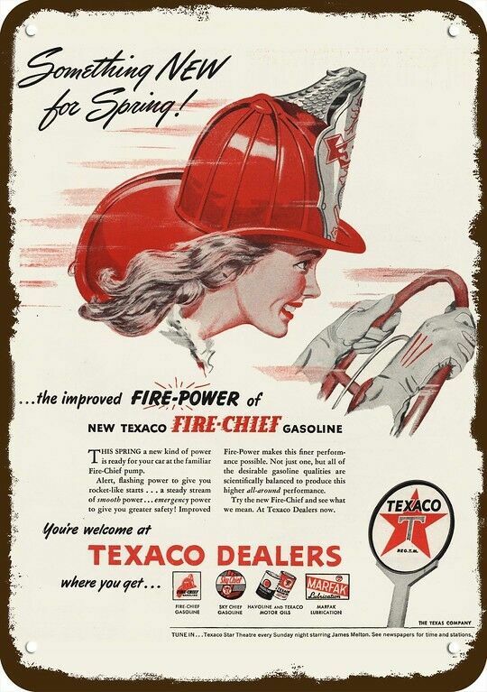 1946 Woman FIREFIGHTER FIREMAN & TEXACO Vntge-Look DECORATIVE REPLICA METAL SIGN