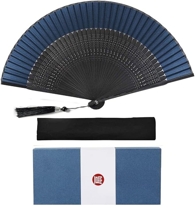 Premium Japanese Silk Folding Fan Blue Bamboo Men Women Sensu Pouch Gift Box