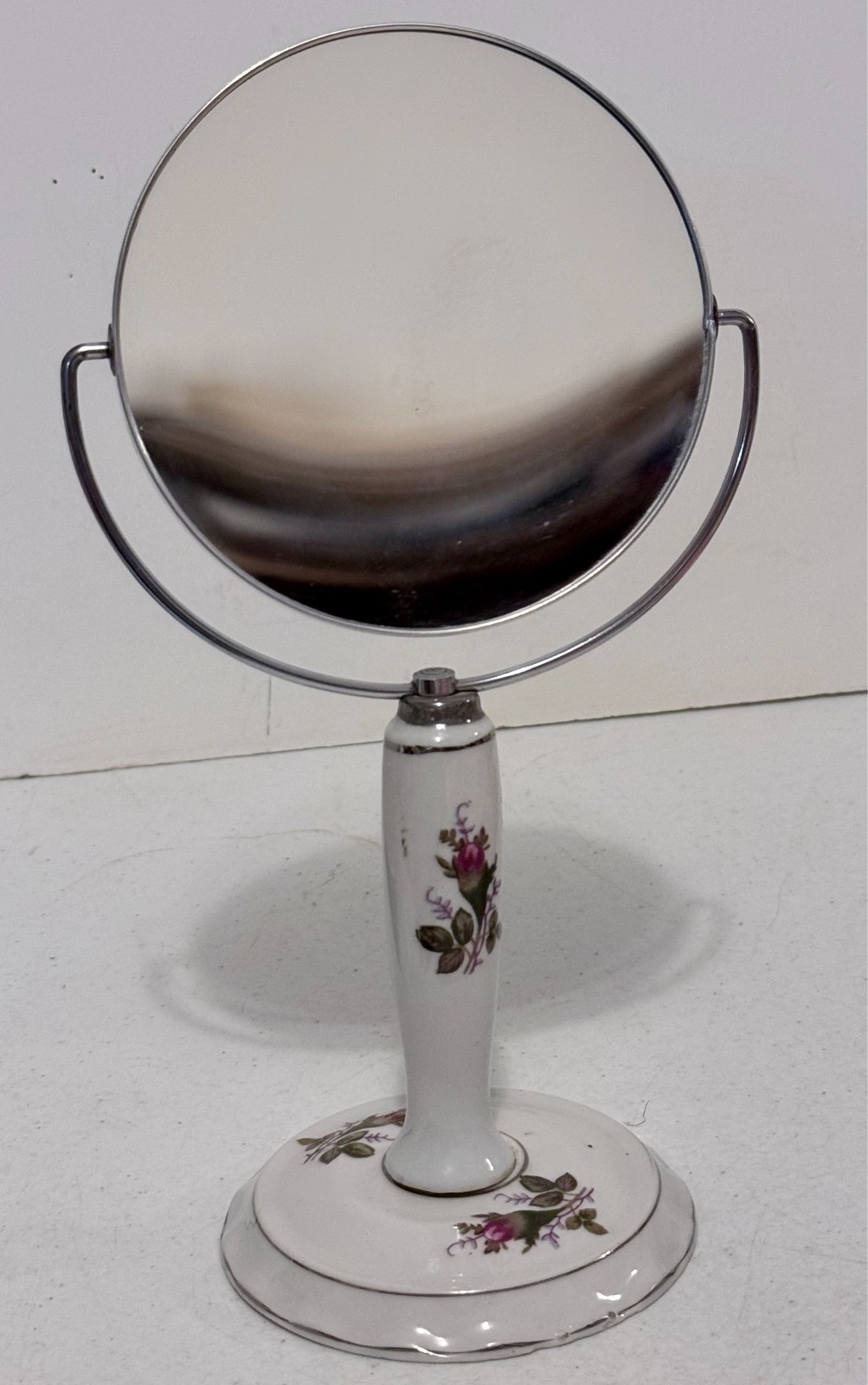 Vtg MOSS ROSE VANITY Porcelain Swivel MIRROR 2 sides Regular & Magnifying 10.5\