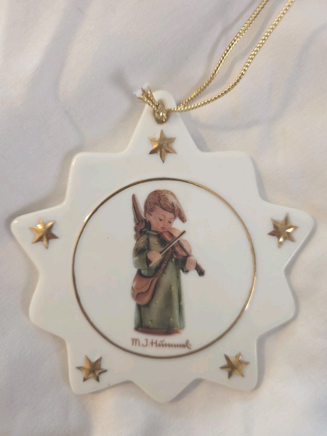 M.J. Hummel Boy Angel Green Robe Playing Violin Star Ornament Vintage Porcelain M.J. Hummel Boy Angel Green Robe Playing Violin Star Ornament Vintage Porcelain