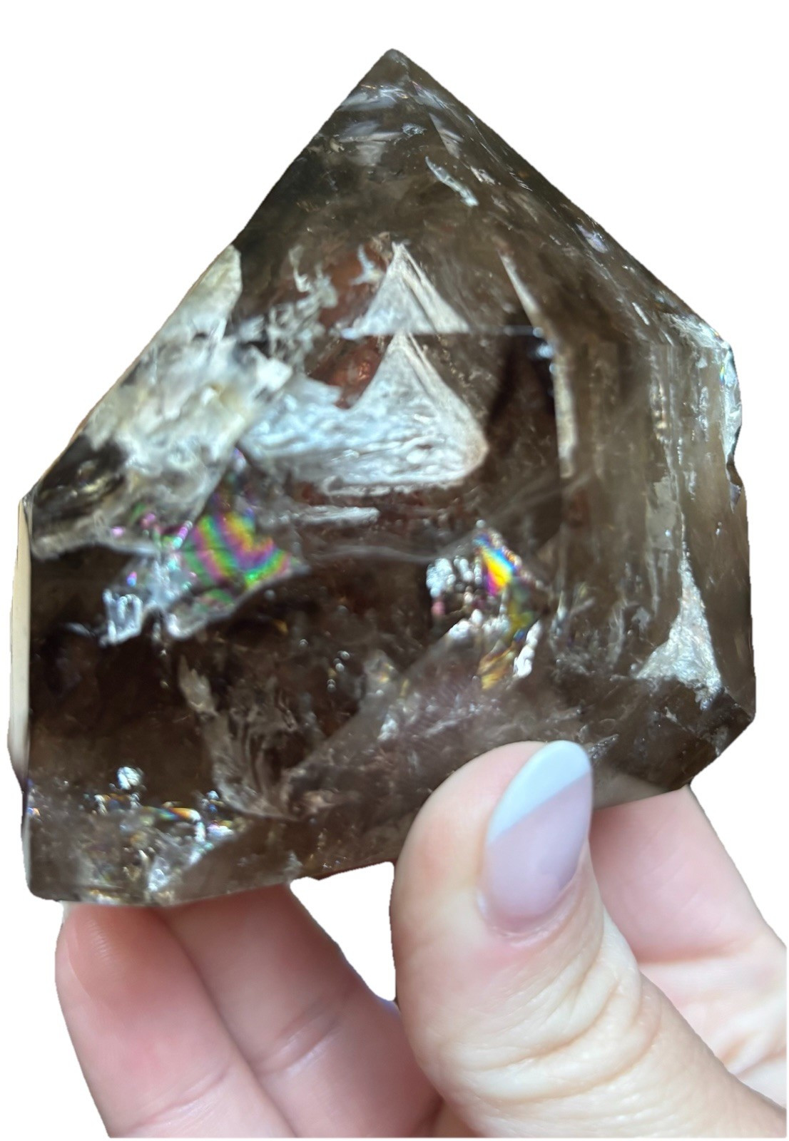 Smoky Quartz  Faceted crystal tower with Internal Rainbow Inclusion, Collectible