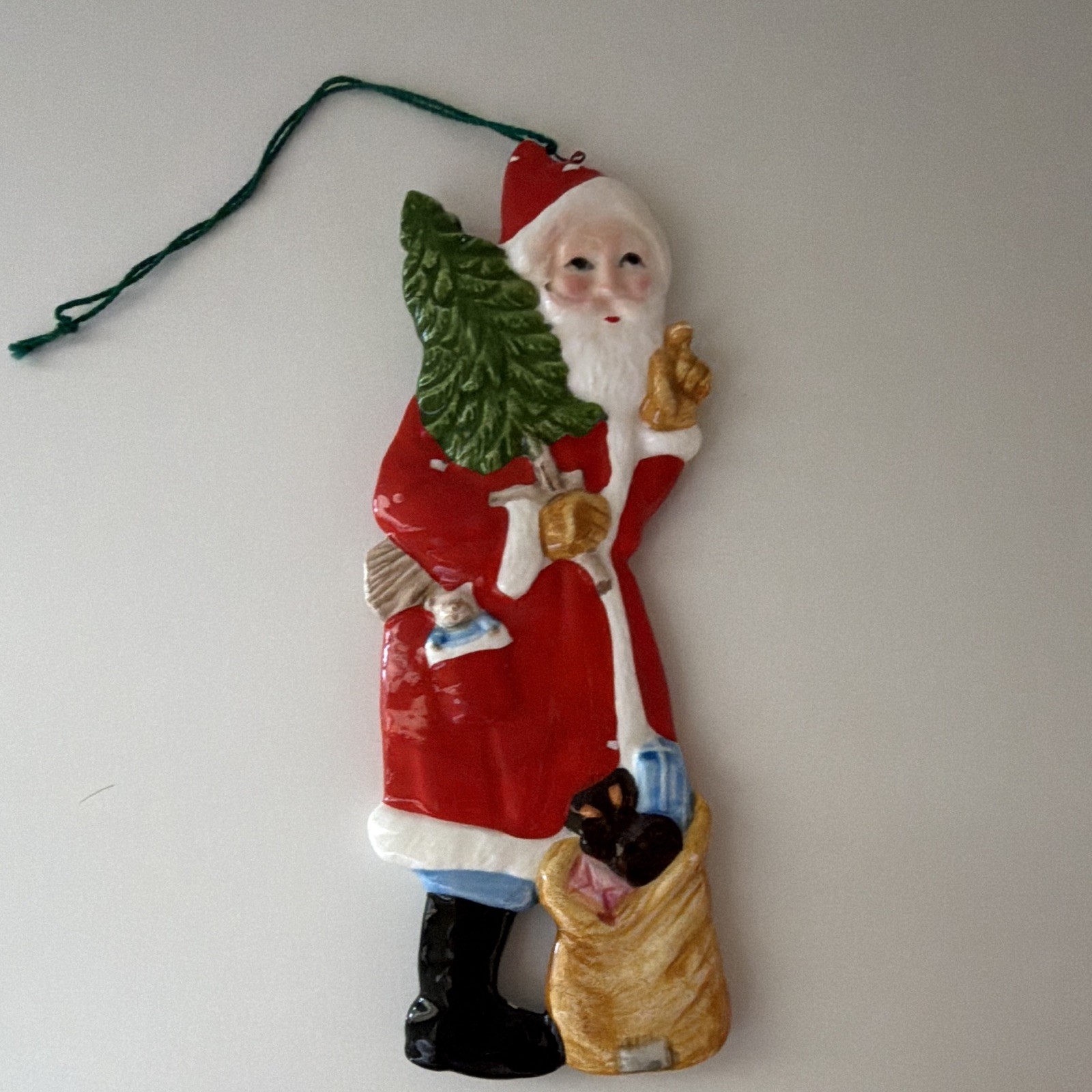 Vintage Santa Claus Christmas Ornament Carrying Christmas Tree & Toys