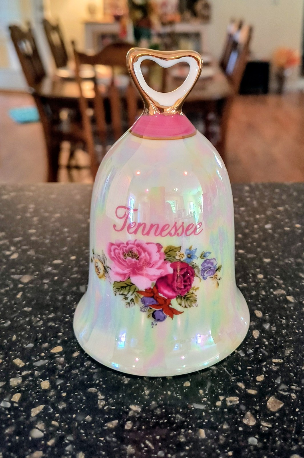 Vintage Porcelain Souvenir Bell Tennessee Iridescent Pearl Finish Floral Roses Vintage Porcelain Souvenir Bell Tennessee Iridescent Pearl Finish Floral Roses