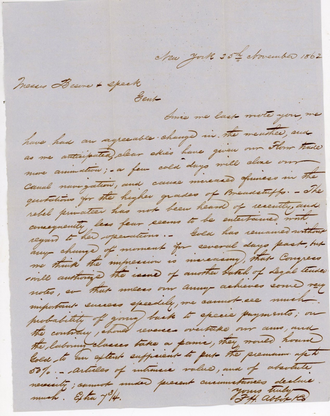 1862 Civil War Era Letter NYC Business Flour Trade Gold rebel privateer Tender