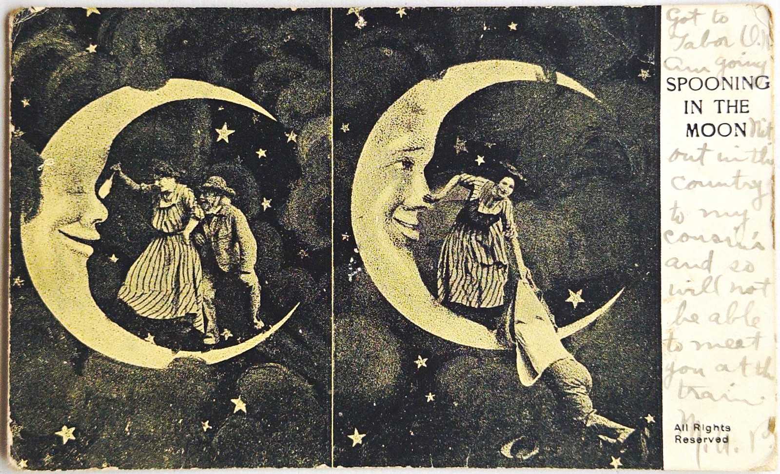 Vintage Romance Spooning in the Moon Celestial Night Sky Postcard 1900s