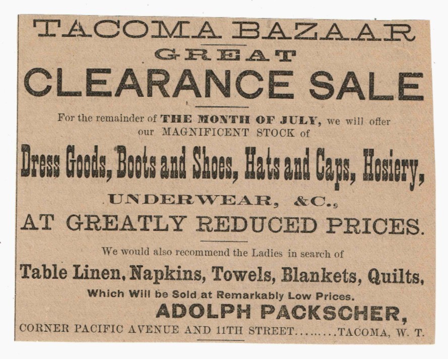 1884 Tacoma WASHINGTON TERRITORY Newspaper ad BAZAAR Sale, W.T.