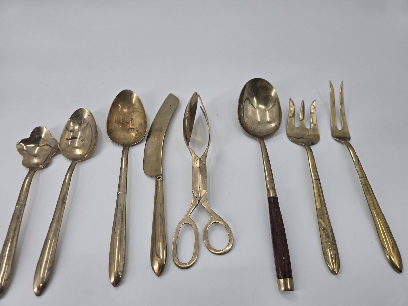 8 Pc Vintage  Piece Flatware Serving Set THAILAND Bronze & Wood