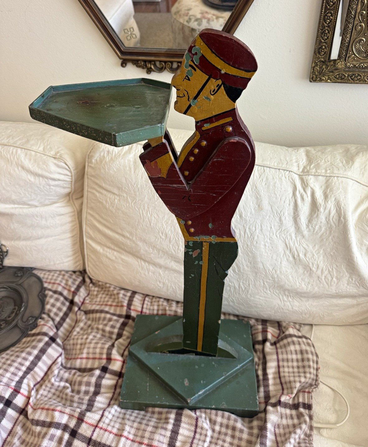 Vintage Art Deco Painted Metal Bellhop Waiter Serving Tray Stand, Green/Red Vintage Art Deco Painted Metal Bellhop Waiter Serving Tray Stand, Green/Red