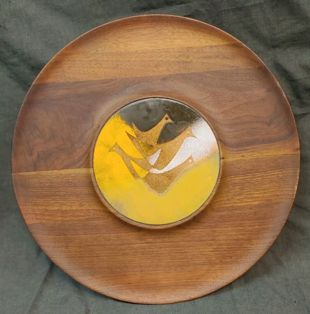 Vintage Robert Wuersch Mid Century Modern Birds Enamel Copper Walnut Tray MCM