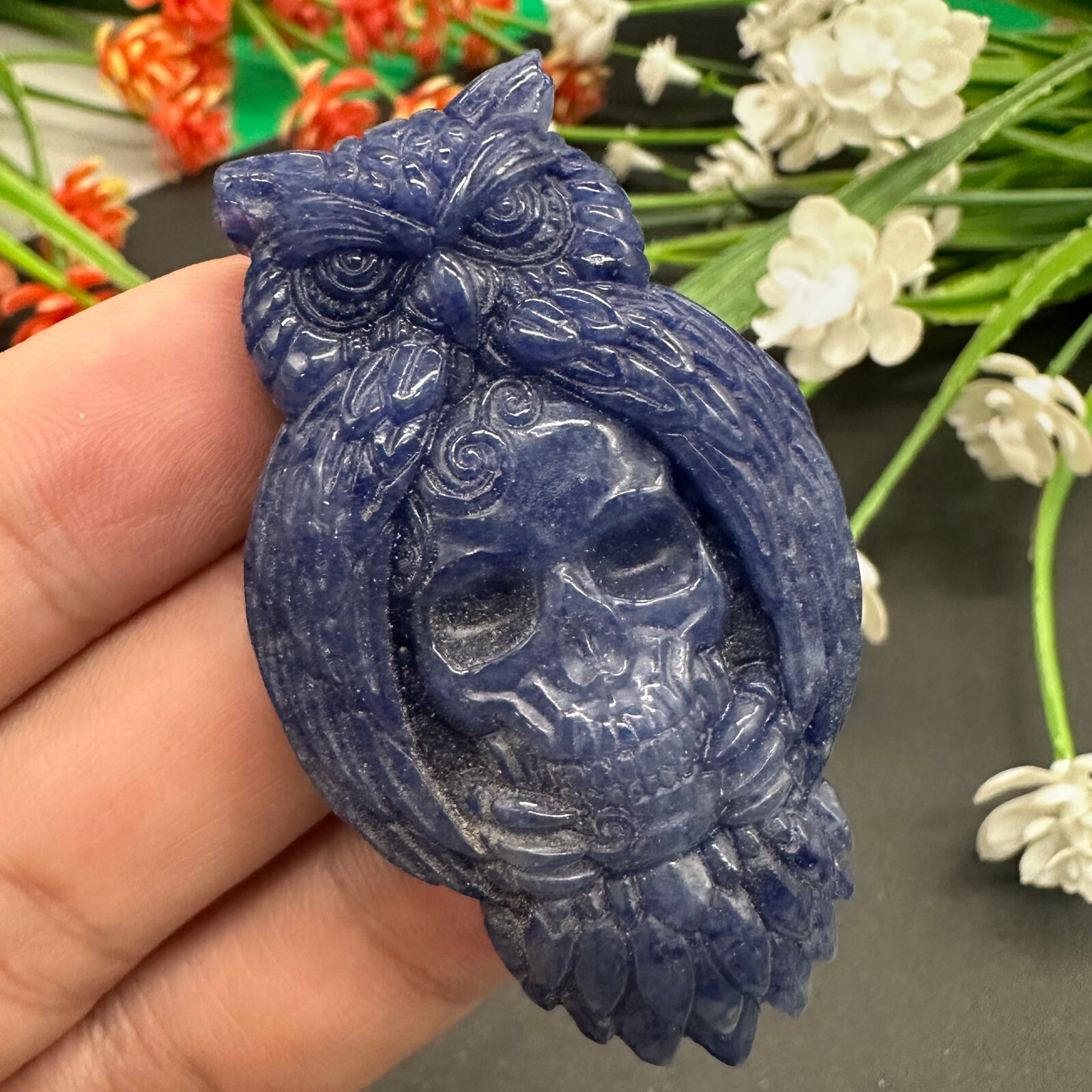 Natural Blue-vein stone Owl Quartz Specimen Skull Crystal Reiki Healing Gift 1PC