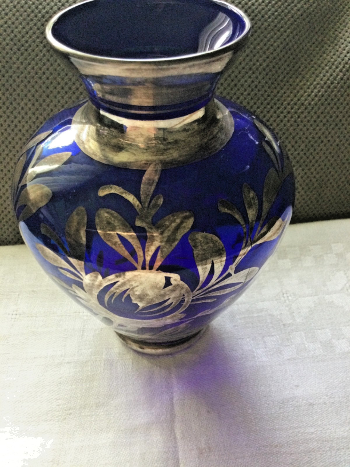 VTG Murano Glass Cobalt Blue  Vase with Silver Overlay Cortina Italian Art Glass