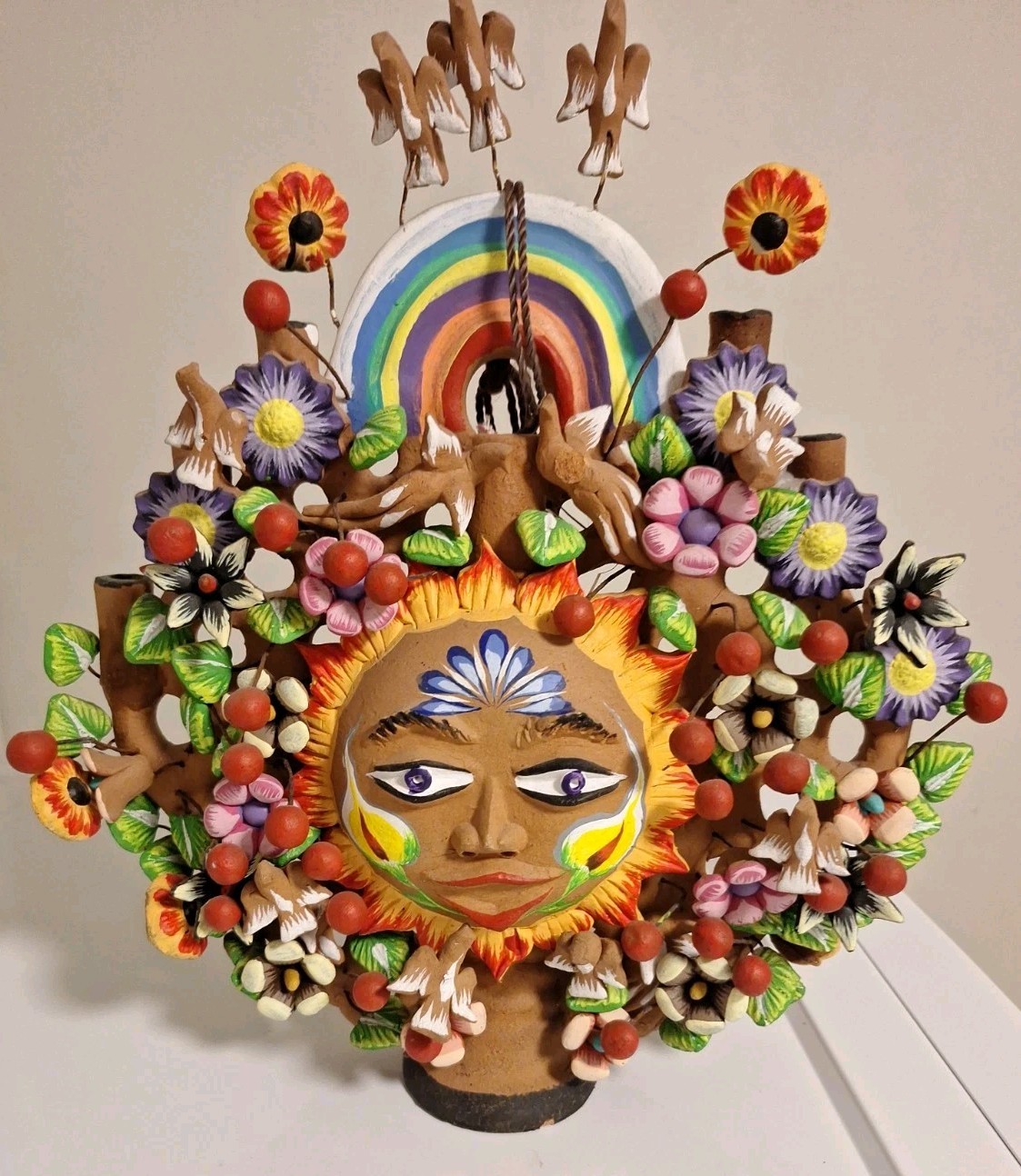 Vintage Mexican Pottery Tree of Life Sun Flowers Candleabra Hand Painted Wow