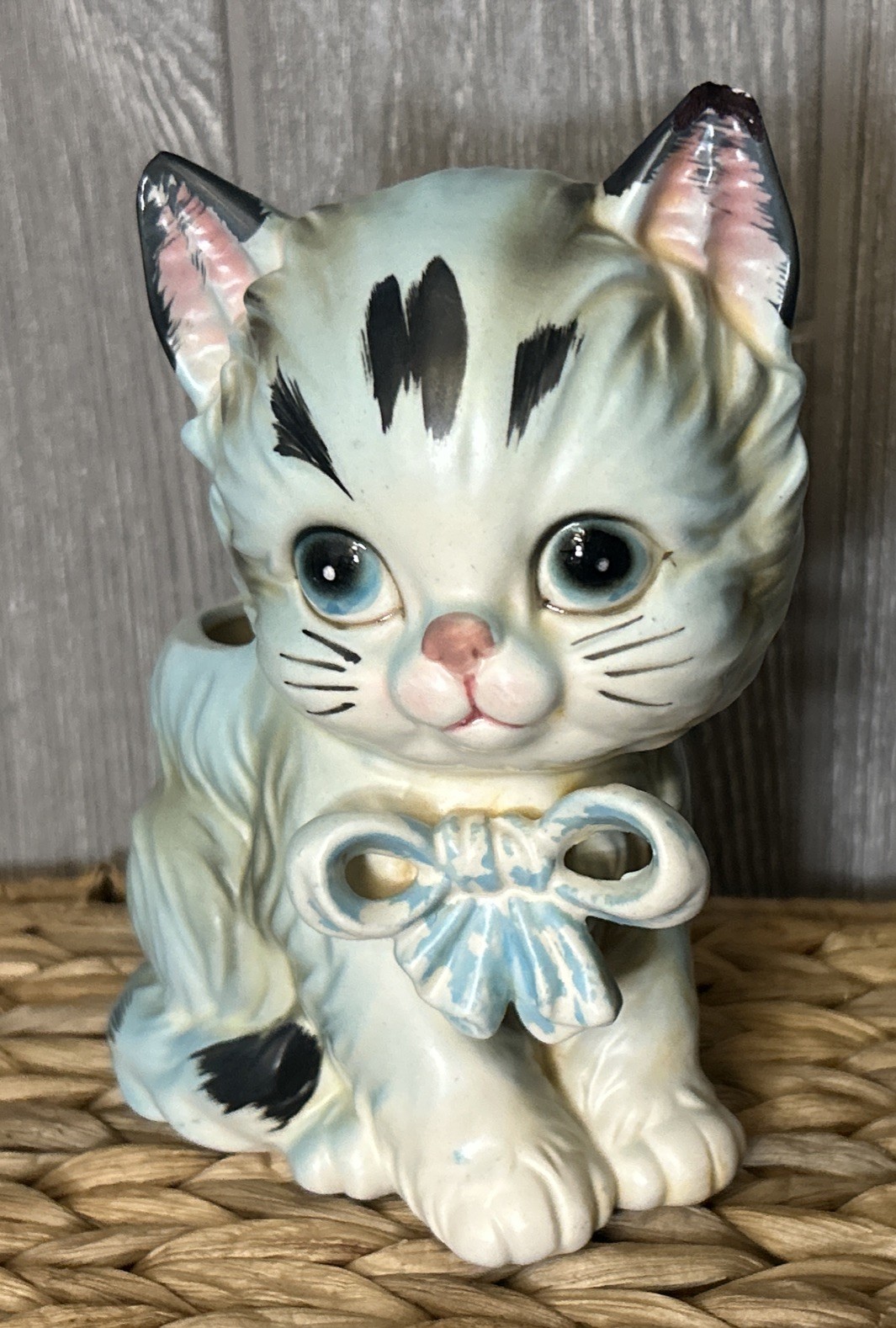 Vintage Lefton Ceramic White Blue Kitten Cat Planter Big Eye Kitsch Cute Bow