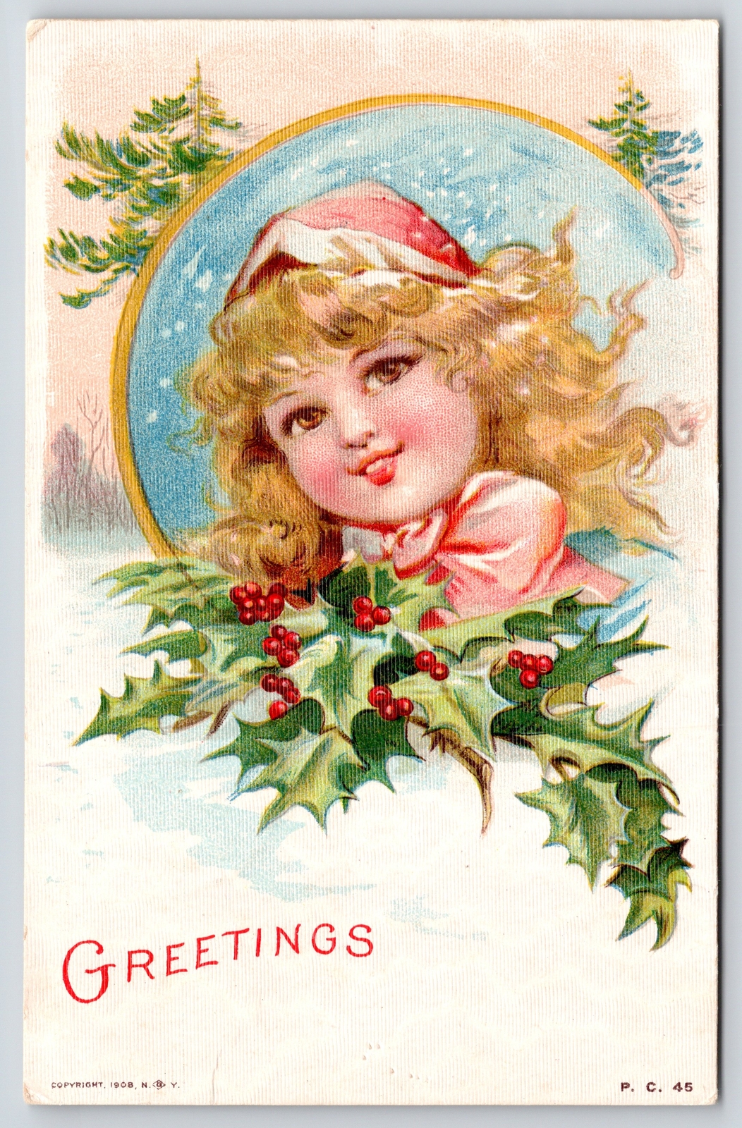 Maud Humphrey Bogart Christmas~Brown Eyed Blonde Girl~Red Hat~Snowfall~PC 45