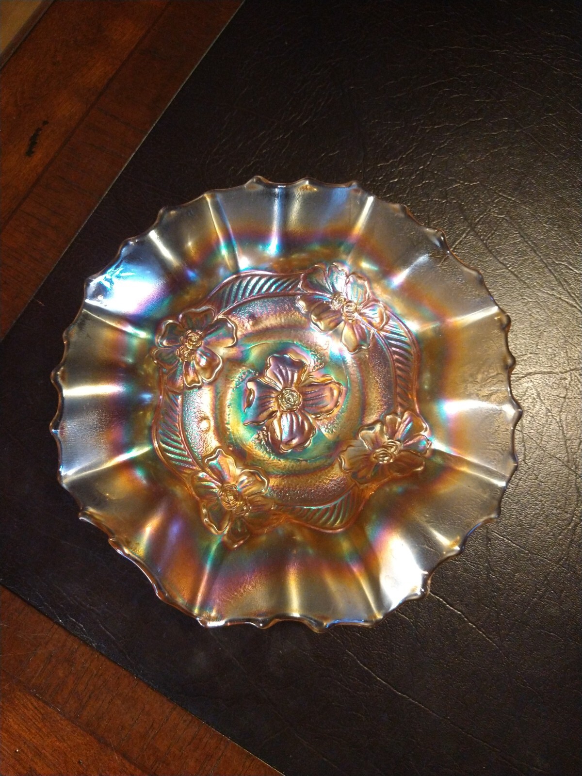 VTG DUGAN CARNIVAL GLASS APPLE BLOSSOM BOWL 7” IRIDESCENCE MARIGOLD VINTAGE