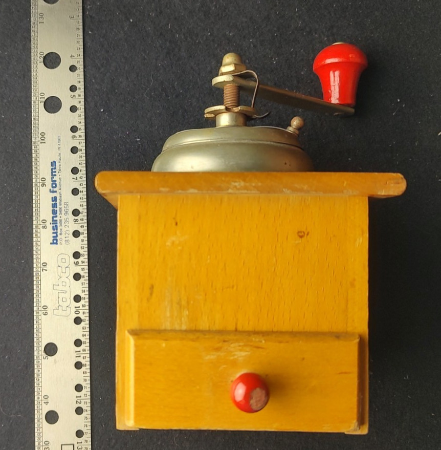Vintage Small Wooden Coffee Grinder with Metal Workings and Red Accents