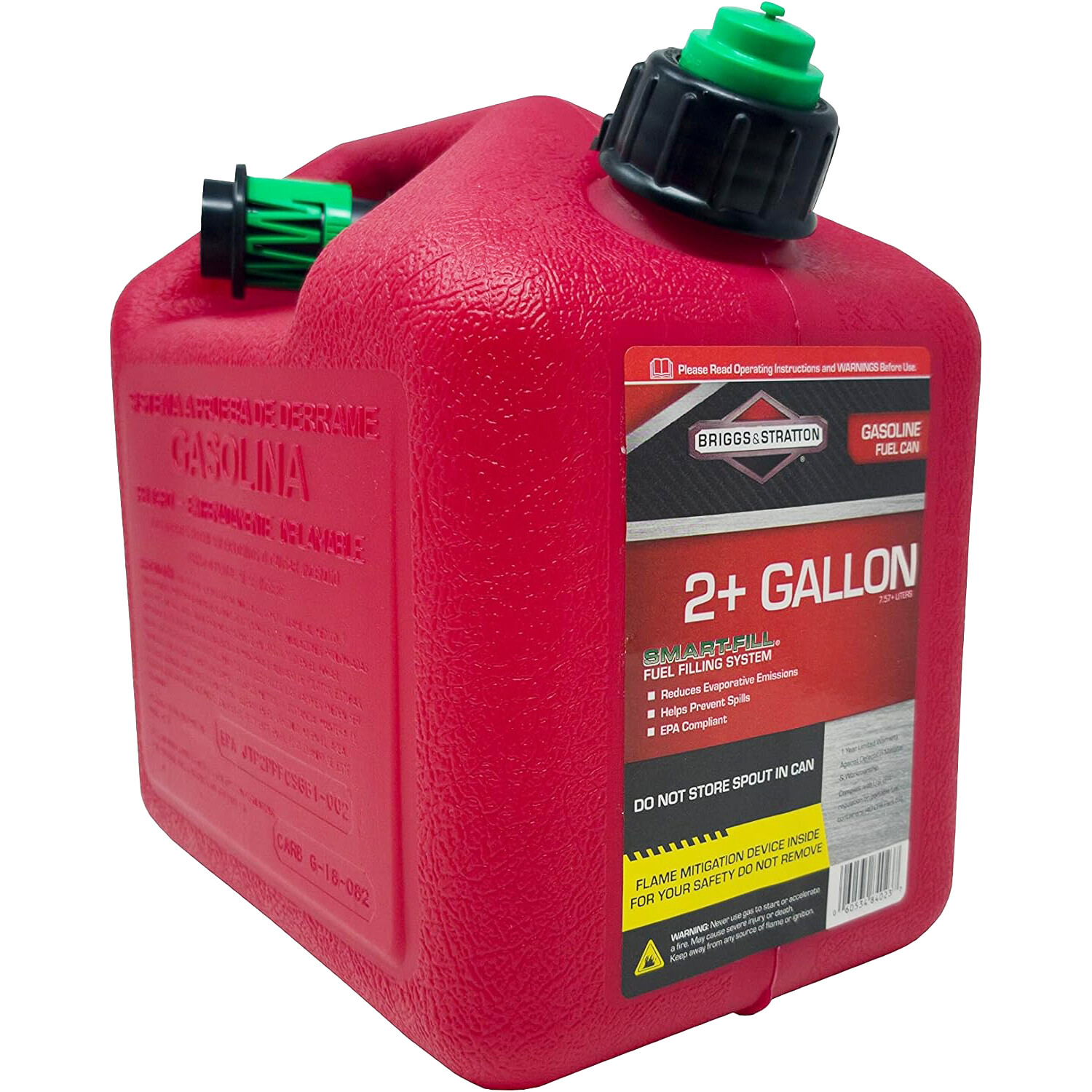 Briggs & Stratton Gas Can, 2+ Gallon Red Gas Can with Smart Fill Gas Can Spout. Briggs & Stratton Gas Can, 2+ Gallon Red Gas Can with Smart Fill Gas Can Spout.