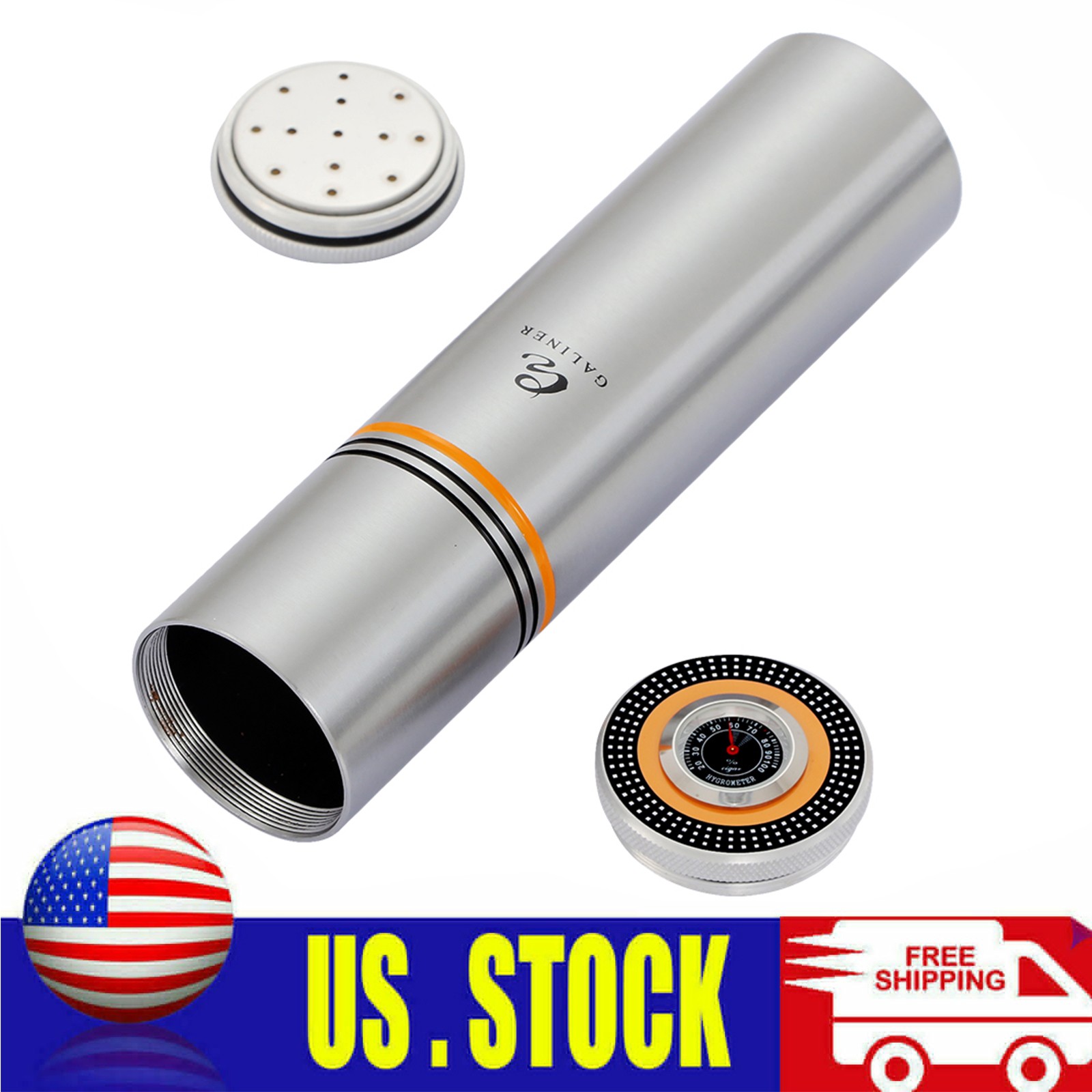 Galiner 4-6CT Cigar Case Humidor Metal Tube Holder Humidifier Hygrometer Silver