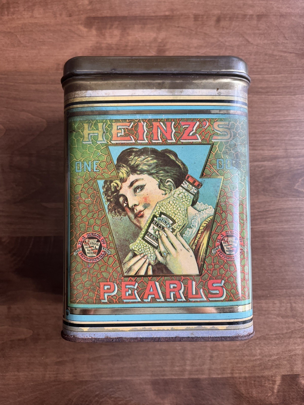 Vintage Heinz Metal Cannister Tin One Dozen Pearls Keystone Pickling USA