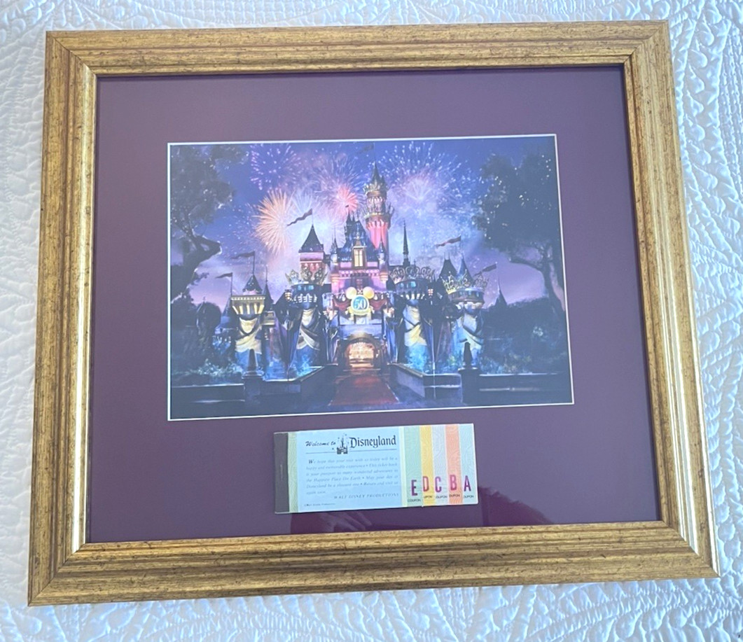 Thomas Kincaid Disneyland 50th Anniversary Framed Print & Vintage Ticket Book