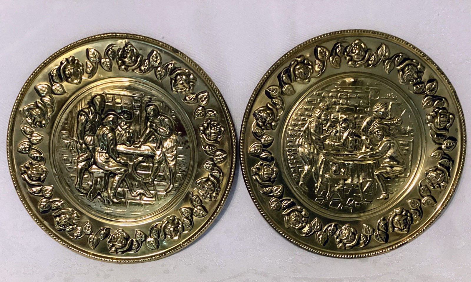 Vtg Set of 2 Elpec England Brass Colonial Americana Hanging Wall Art Pub Scenes