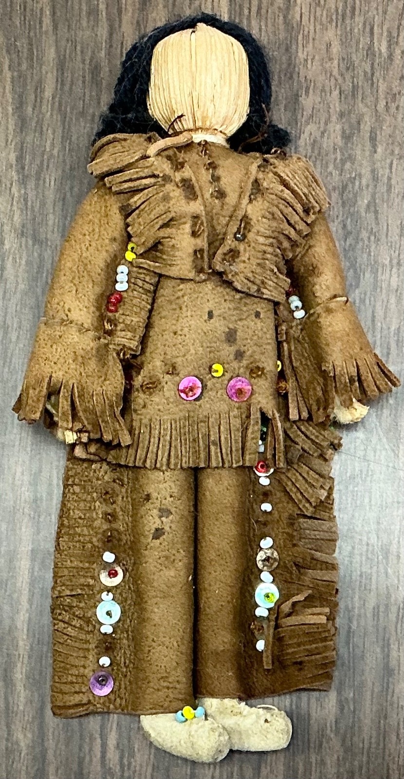 Antique Vintage IROQUOIS Corn Husk Doll LEATHER Beads REGALIA beaded buckskin 6”