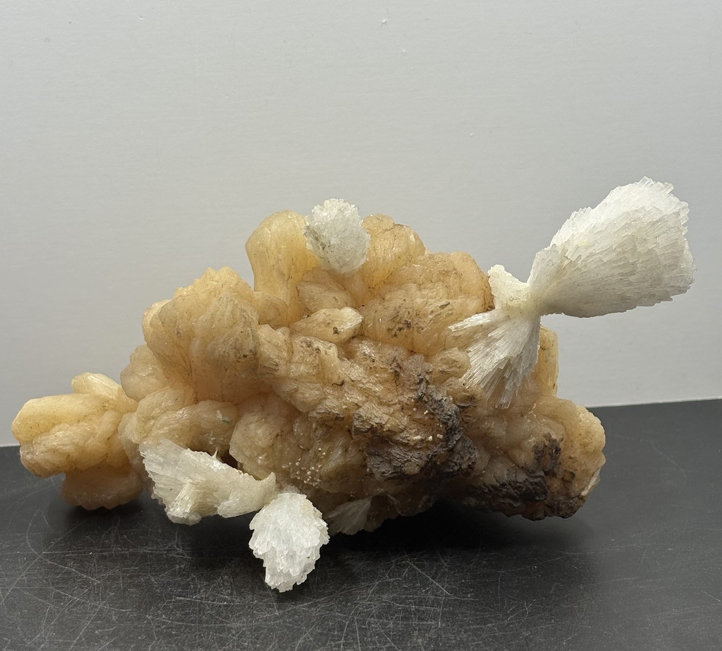 Scolecite Crystals Spray on Peach Stilbite Cluster 518g India Mineral Specimen