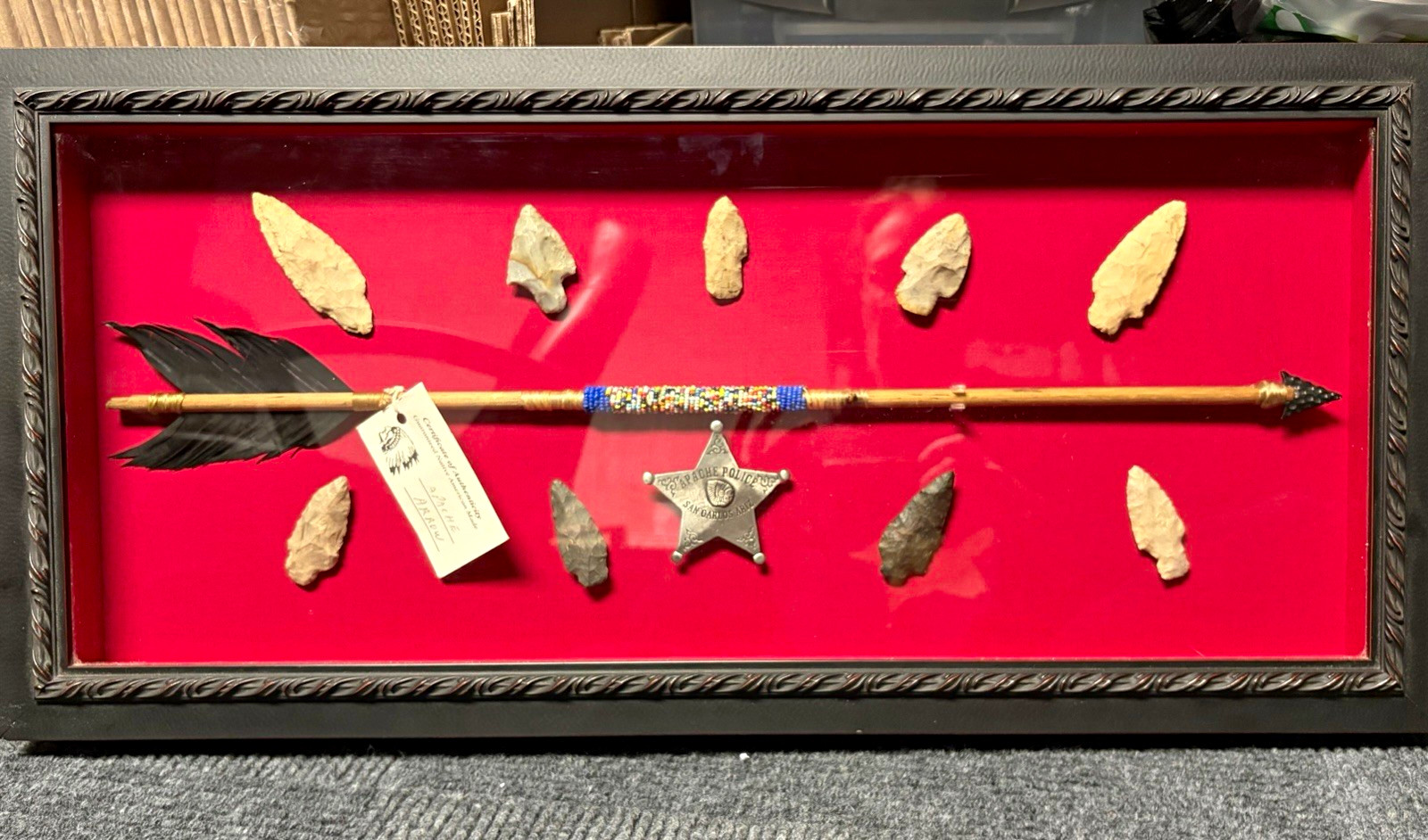 Apache Native American US Flint Knapping Shadow Box Framed Arrow & Stone Points