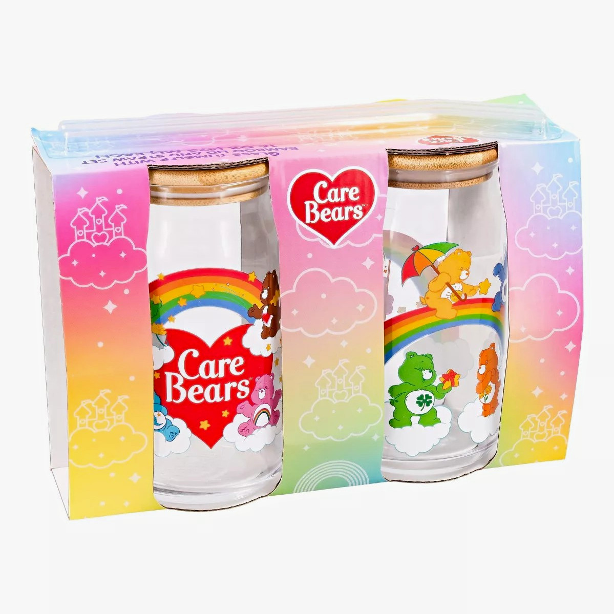 Care Bears Glass Drinking Tumblers Set of 2 Rainbow Cloud w/ Bamboo Lids Straws