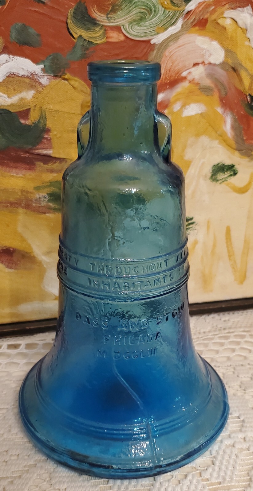WHEATON Pass & Stow PHILADA M DCCLIII BLUE Liberty Bell Glass BOTTLE 7 1/2 inch