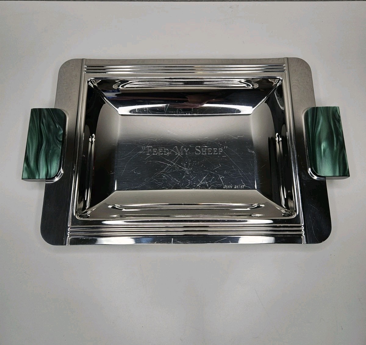 Jean Couzon France Art Deco Tray Stainless Steel Faux Malachite Resin Handles Jean Couzon France Art Deco Tray Stainless Steel Faux Malachite Resin Handles