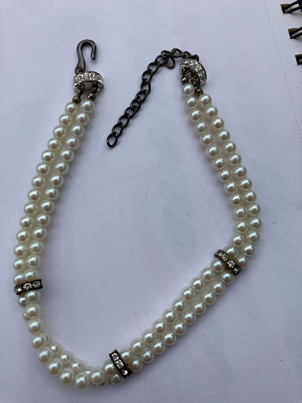 vintage estate double strand faux pearl and rhinestone    choker necklace
