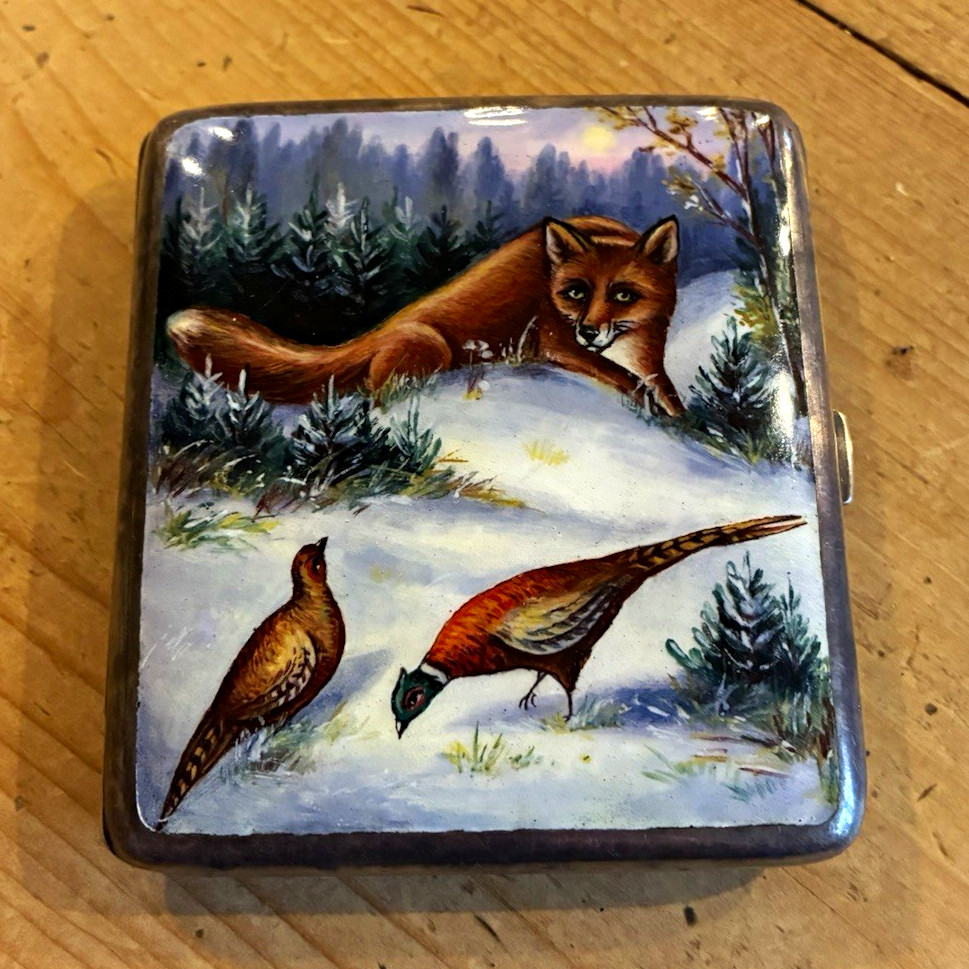 Vintage Nickel Silver Cigarette Case, Enamel Hand-Painted Fox & Pheasants 